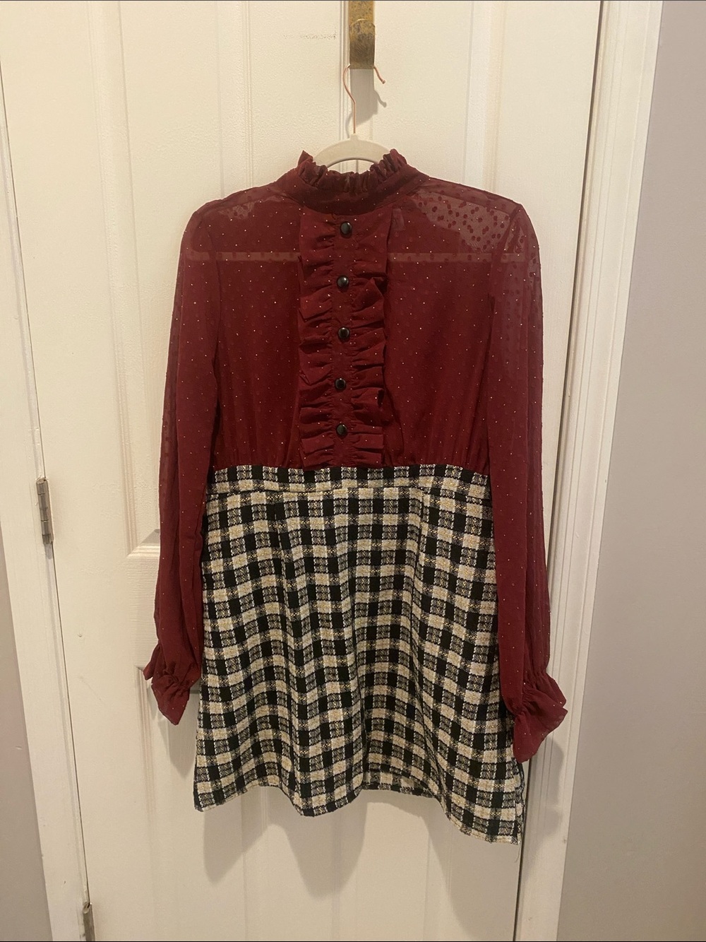 Burgundy Ruffle Dot Dress with plaid skirt Size 10-12